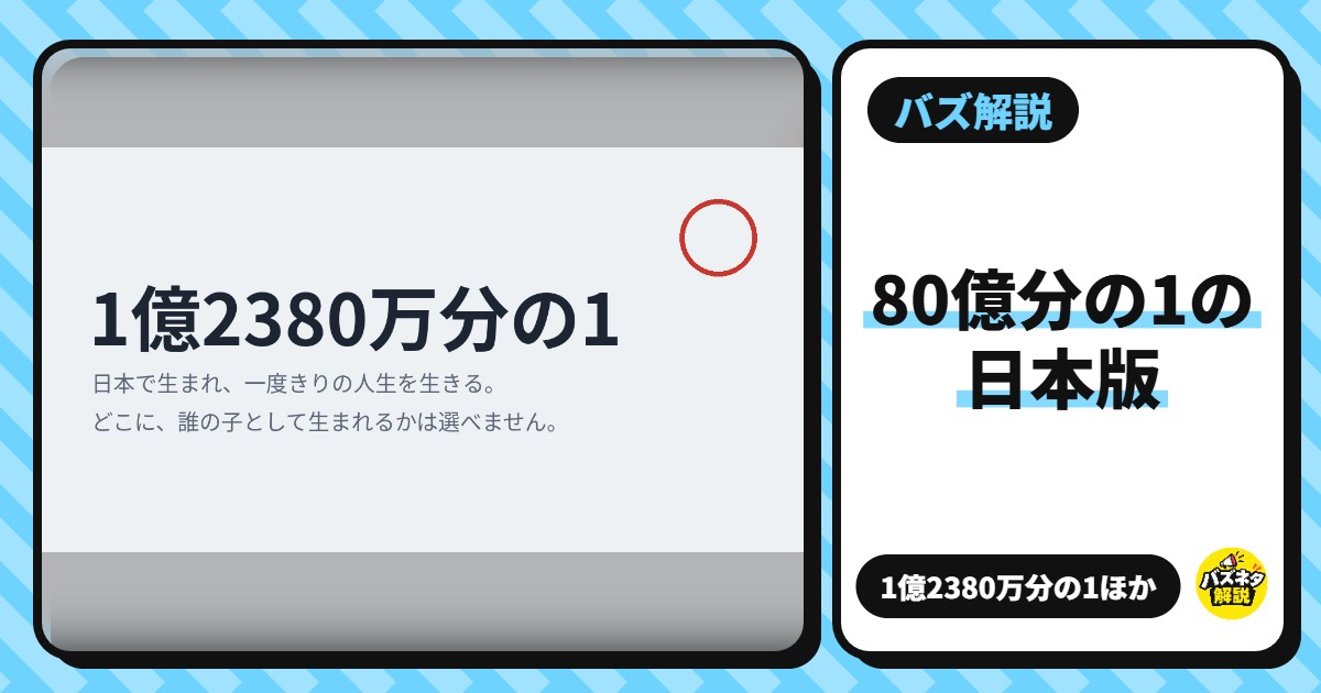 『1億2380万分の1』『1.2億分の1』とは?「80億分の1」の日本版が登場。自分の人生をそのままゲームにした『1分の1ゲーム』も